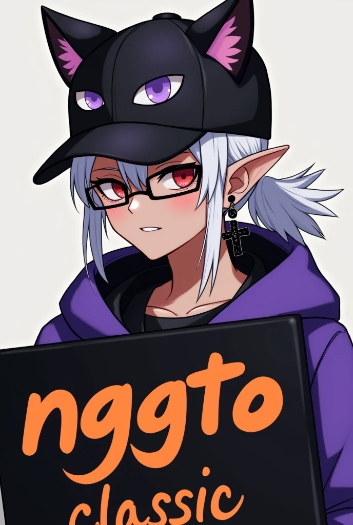young man, Black skin tone, dark red eyes, elf ear small size, black earring in the shape of a cross but with two ears, wears prescription glasses, White hair, hair tied with ponytail, 2 strands of hair in the front, wears a black cap with a cat face, wears a closed hood with two different colors, black on one side and purple on the other, com um nome laranja Written: NGGTO. Holding a sign with a side cut that divides the colors black and purple, Written: NGGTO Classic
