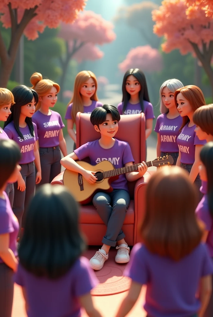 create in every detail of 3D Disney style several women of different nationalities forming a circle and in the middle is sitting on a large chair and playing the guitar is a South Korean Suga from BTS with his shirt that says Yoongi and the women around him dressed in purple shirts and says army in front.