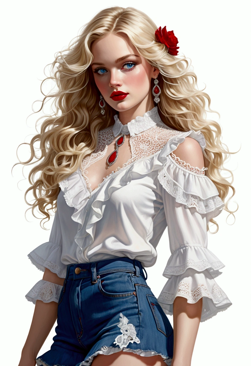 .Illustration of a woman adorning a white blouse with ruffles and lace details, paired with a denim short skirt, full body view, blond long wavy hair cascading down her shoulders, piercing blue eyes accented by light makeup and striking red lipstick, embellished with intricate accessories, set against a stark white background, executed in the evocative and detailed art style of Jerry Pinkney, ultra-realistic.