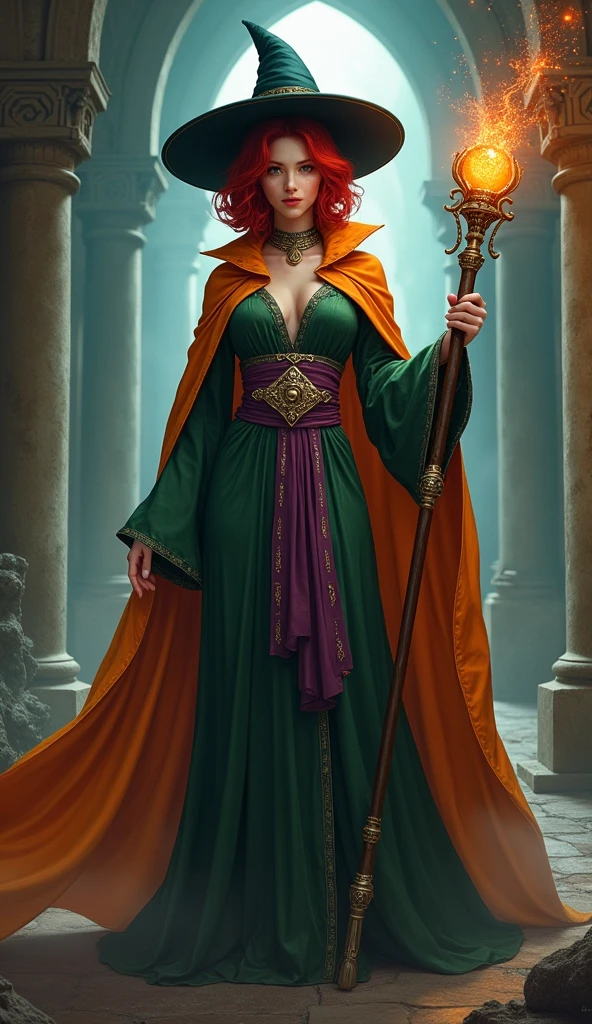 Beautiful female wizard, whole body, Red bob hair with flipped ends, Green robe with purple sash, Orange cape and black conical hat, He is holding a large staff with an orange ball on the end., Dungeons