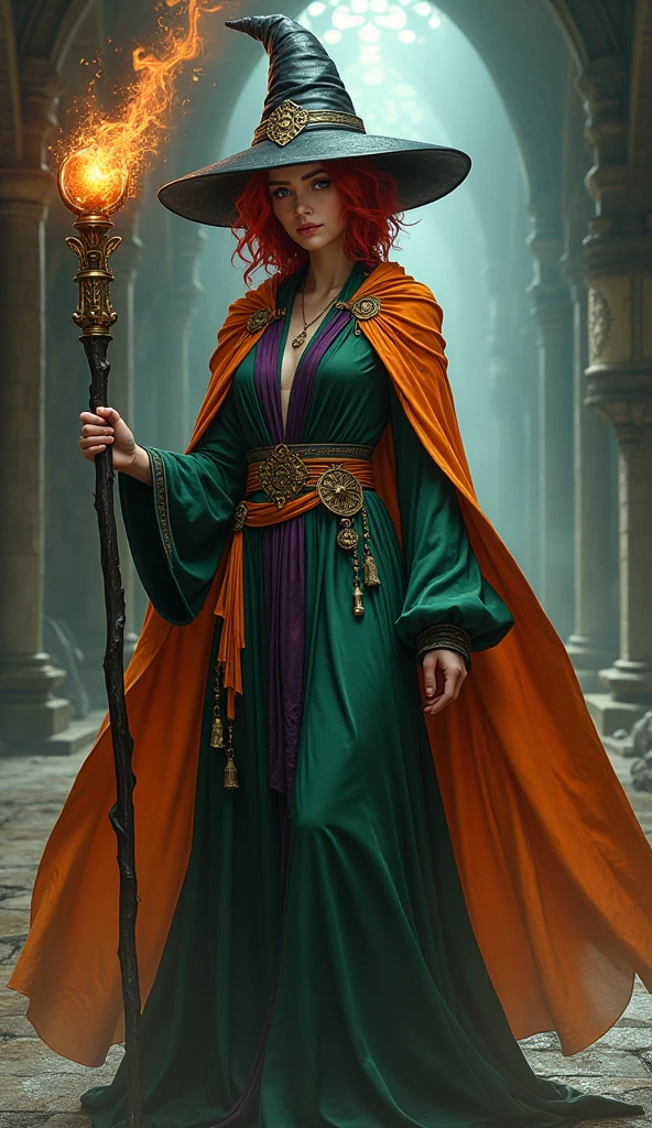 Beautiful female wizard, whole body, Red bob hair with flipped ends, Green robe with purple sash, Orange cape and black conical hat, He is holding a large staff with an orange ball on the end., Dungeons