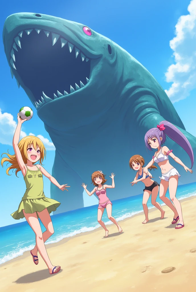 Female anime characters made in abyss, in a bathing suit playing with a ball on the beach with a very deep sea monster