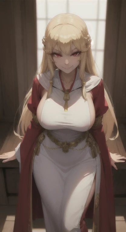 priestess, blonde, red eyes, smirking at viewer, POV, temple, standing, priestess robes,