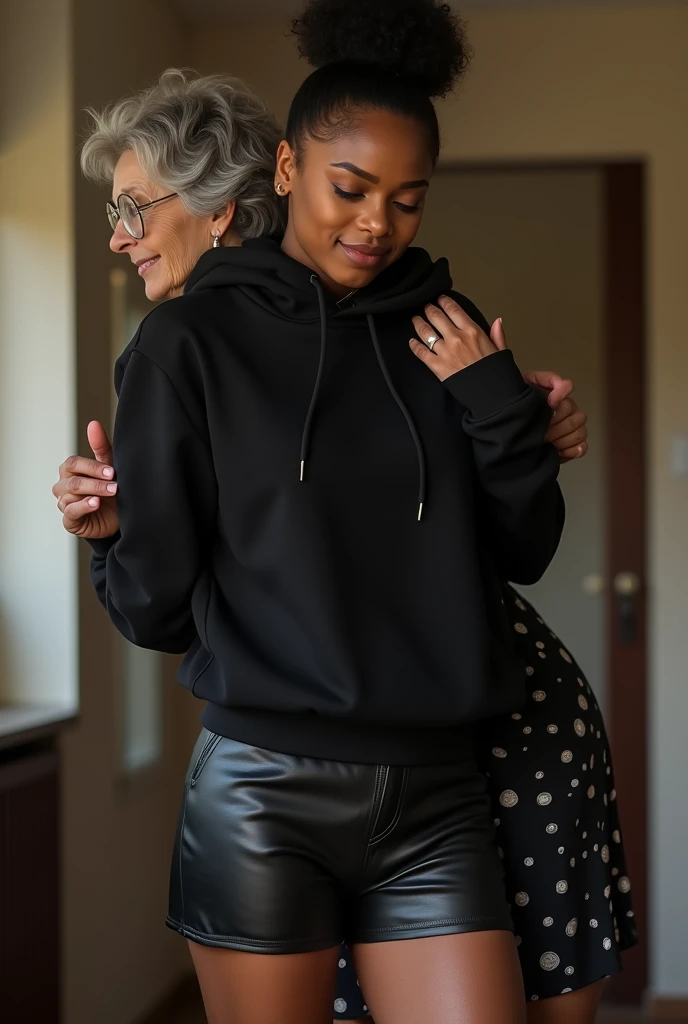 black woman hair in a bun black hoodie black leather short shorts being fucked in the ass by a old grandma in a dress