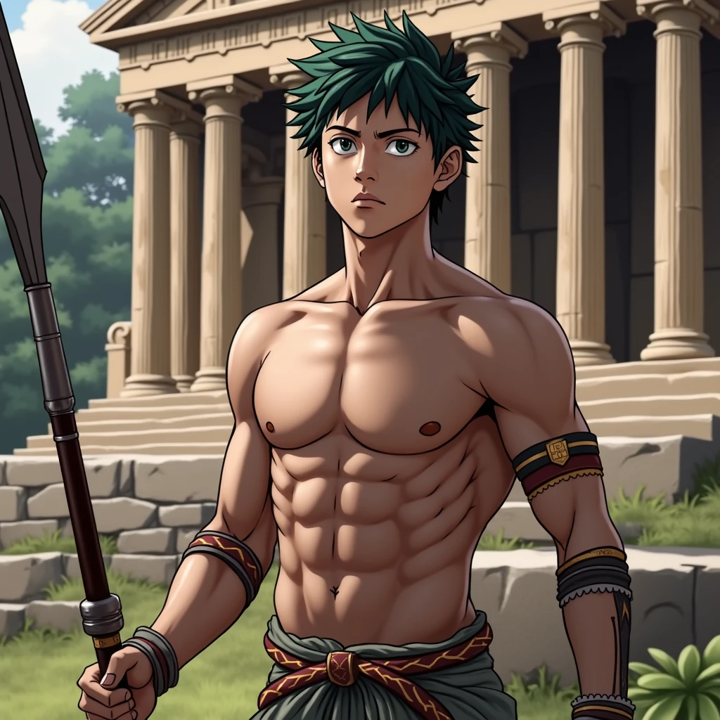 Izuku Midoriya, Shirtless, Green Hair, Lancer, Green Eyes, Greek Warrior, Shirtless, Greek Mythology, Son of Artemis, Forest, Hunter.