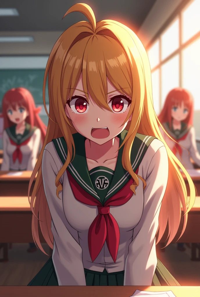 Screenshot of my ver academy.
Girl with long blonde hair, Crimson red eyes and has an explosive expression, She is wearing the UA uniform and in the background there is a UA school class and she is sitting at a table.