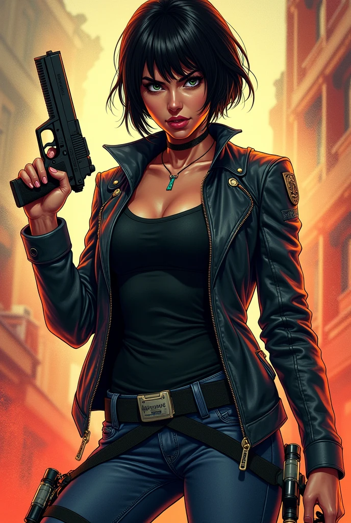 Woman with short hair and jacket holding gun in one hand and a syringe in the other comic book 
