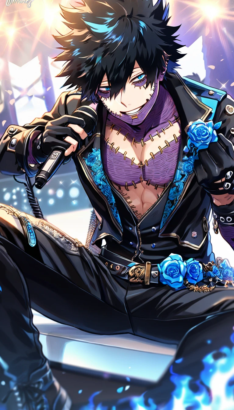 Ultra detailed, Highres, absurdres, HDR, master piece, Dabi, black hair, expressive turquoise eyes, Boku No Hero Academia, sexy man holding a microphone, sitting, solo, rocker, black rocker clothes with trimmings, blue petals, glittering, black gloves, blue flowers, sensual, fantasy, idol stage, concert, manly man, horny, erotic, close up, handsome smile, visual kei, black clothes, blue flames
