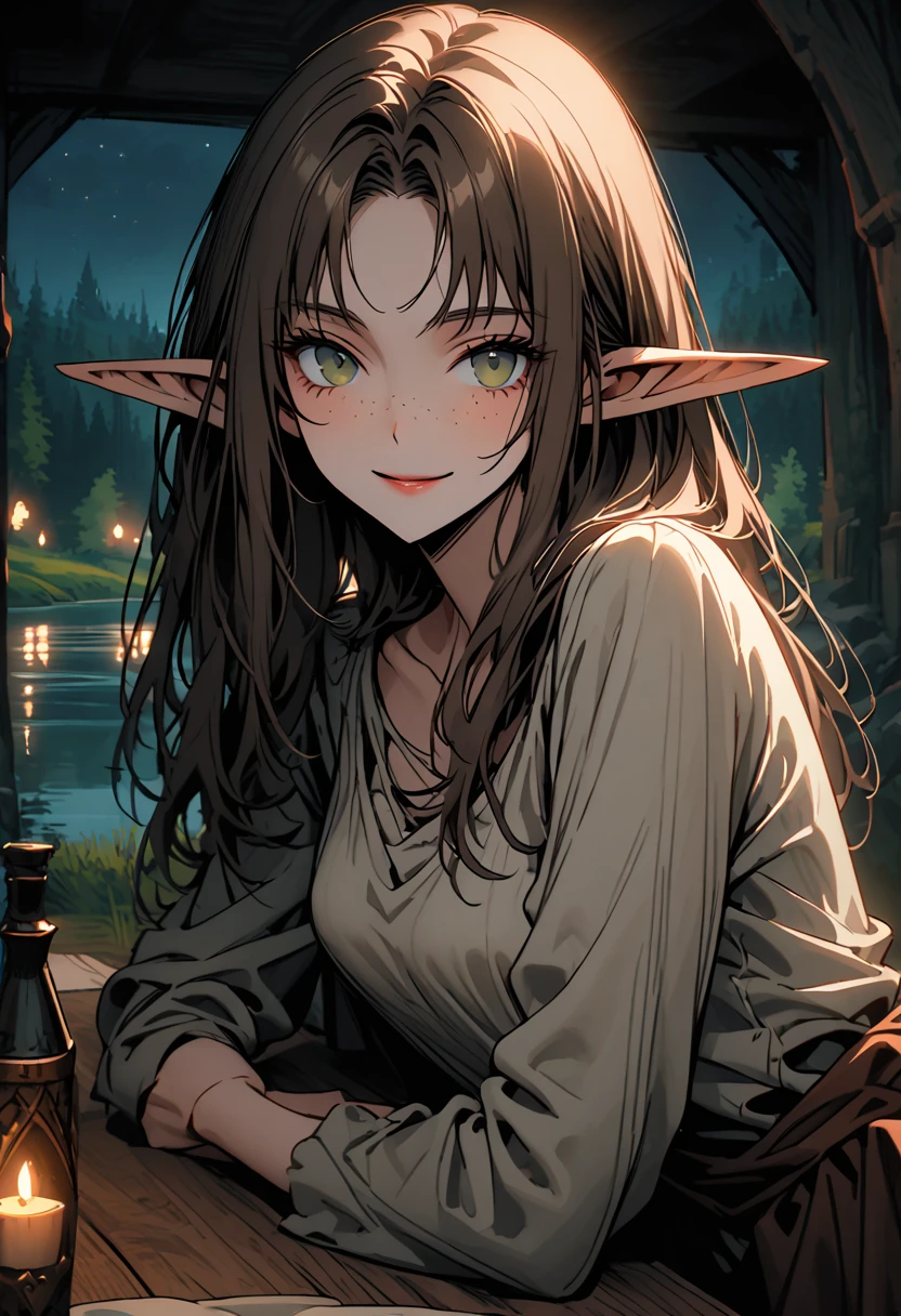 solo, female, close up, elf, pointed ears, medium breasts, long brown hair, dark green eyes, freckles, medieval, lake, forest, white shirt, wide smile, very tall, slender, night, indoors, romantic dinner on a cottage deck, across from table, blush, cleavage, parted lips, half-lidded eyes
