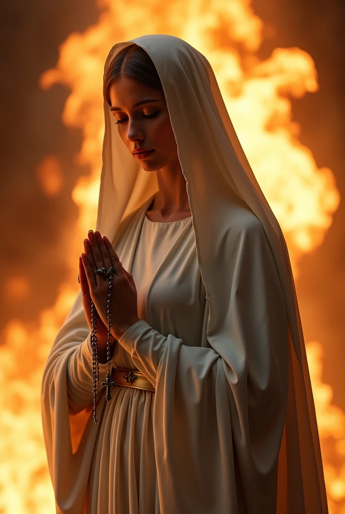 Stunning Our Lady of Fatima with the Rosary in her hand, photo in 8k, in action, cinematic. fire. Delicacy. 