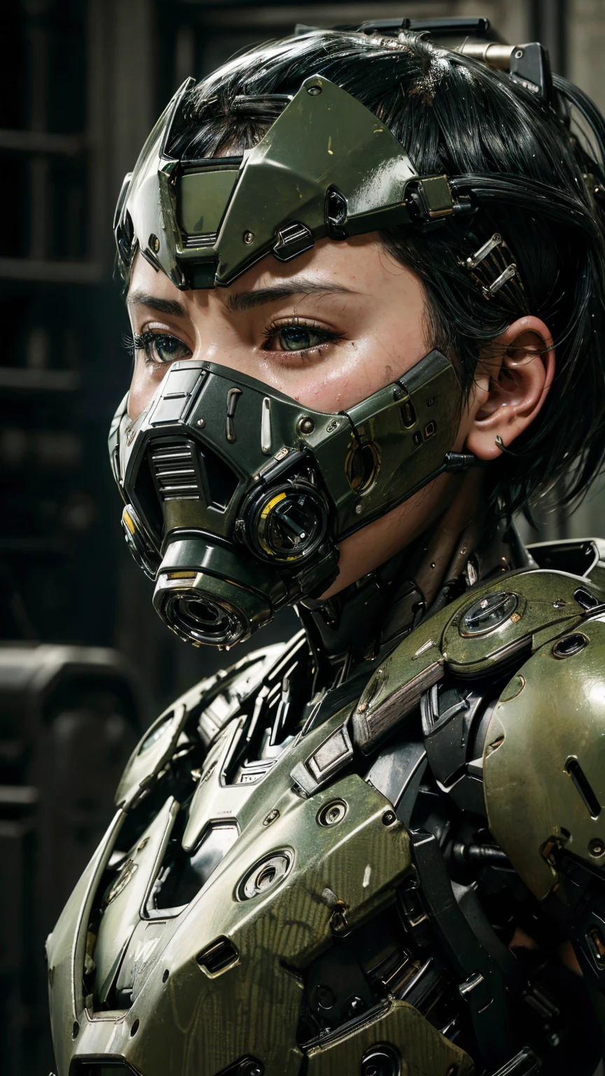 Textured skin, Very detailed, Attention to detail, high quality, 最high quality, High resolution, 1080P, hard disk, beautiful,(War Machine),beautifulサイボーグ女性,Mecha Cyborg Girl,BATTLE MODE,Girl with a mechanical body　Black Hair　Short Hair Boyish　Dark green armor　Soaked Face　Change is over　Met Off　Steam coming out of the head　whole bodyから湯気が吹き出す　Feel the expression　Please open your mouth wide　Snug-fitting headgear　Long Nozzle Gas Mask　front　whole body