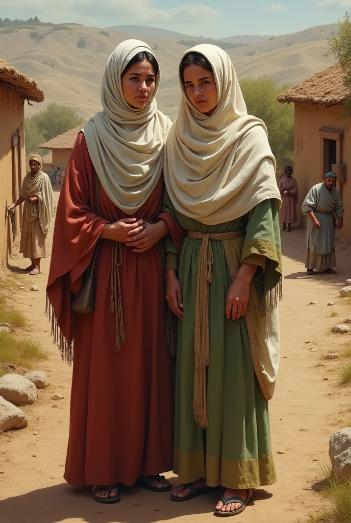 Realistic images of Ruth and Naomi from the Bible that have a town from that time ago