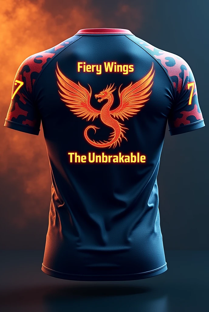 Sports shirt:Color Base: Dark blue or black.Front part:Logo: Emblem with a dragon, in silver or red, chest focused.Name "fiery wings" in large, sporty letters, Below the logo, in white or silver.back:number: "7" in big bold letters, in white or silver, on the upper back.Bottom text: "THE UNBREAKABLE" in a strong and sporty font, focused on the lower back, in a color that contrasts with the background.Additional Details:sleeves: Flame details or dragon patterns in red or silver to complement the design.I hope your shirt looks amazing on the field!!