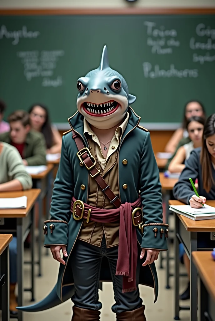 an anthropomorphic shark with a single fin and wearing a pirate outfit, like jack sparrow taking a test in a classroom with humans