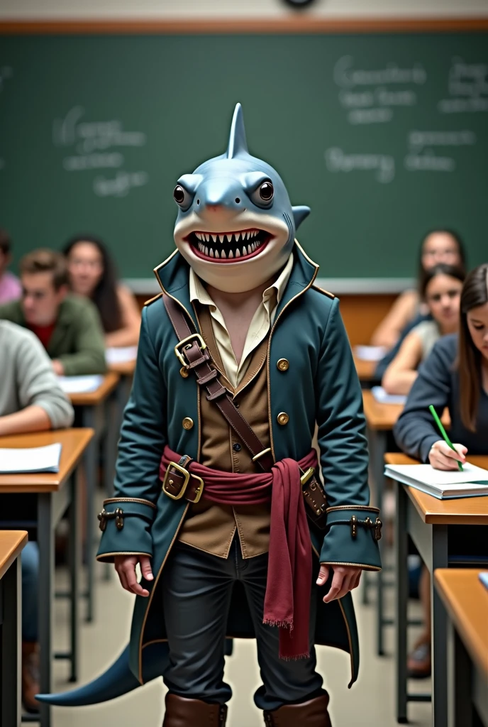 an anthropomorphic shark with a single fin and wearing a pirate outfit, like jack sparrow taking a test in a classroom with humans
