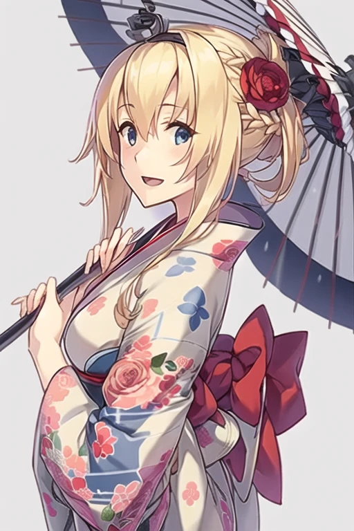 warspite \(kancolle\),((masterpiece)),(((best quality))),((ultra-detailed)),((illustration)),((disheveled hair)),((frills)),(1 girl),(solo),1girl, alternate costume, alternate hairstyle, beach umbrella, black umbrella, blonde hair, blue eyes, blue kimono, blue umbrella, braid, eyebrows visible through hair, floral print, flower, french braid, hair flower, hair ornament, holding, holding umbrella, japanese clothes, kimono, long hair, looking at viewer, looking back, obi, oil-paper umbrella, open mouth, parasol, pink umbrella, purple umbrella, rain, red flower, red umbrella, rose, sash, shared umbrella, smile, solo, striped, striped kimono, tied hair, transparent umbrella, umbrella, upper body, white umbrella, yukata