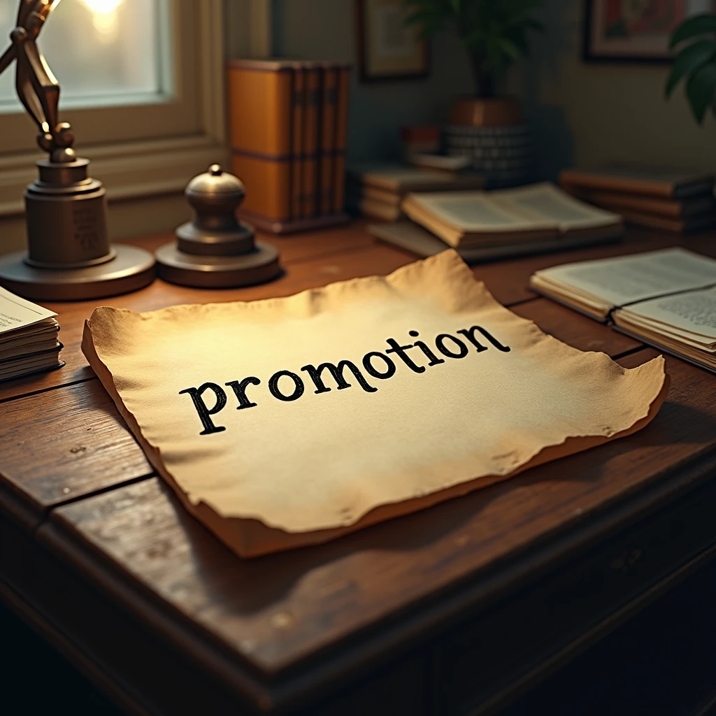 A paper with the writing "PROMOTION" on it, office desk, old, antique, 