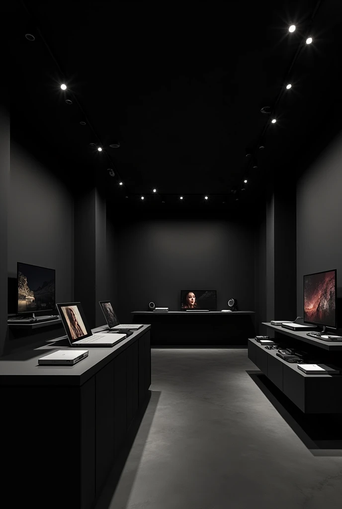 Modern electronics store with no people inside, black color