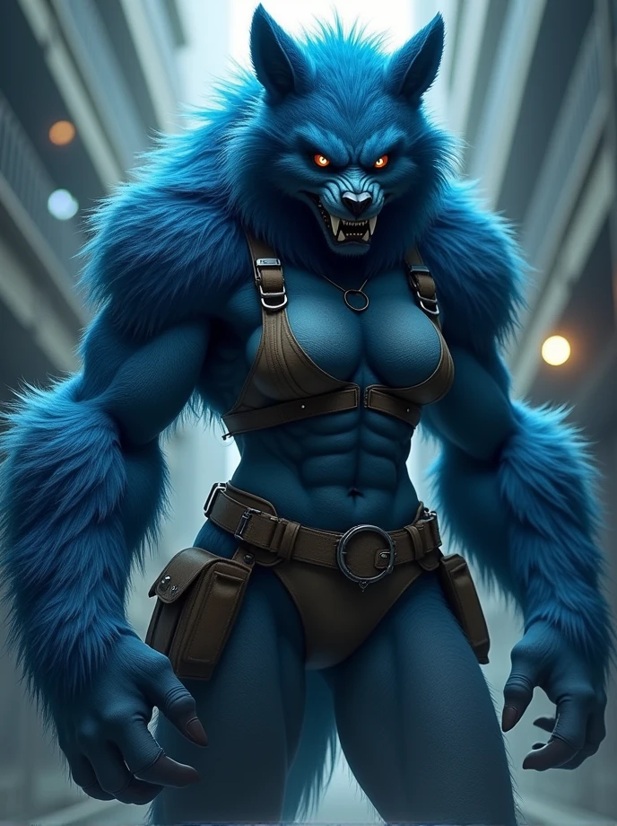 (Female version of Beast:1.4), (powerful and muscular build:1.4), (blue fur covering her entire body:1.4), (large, expressive eyes with a deep, intense gaze:1.3), (prominent animalistic features including sharp claws and fangs:1.4), (dynamic pose showcasing strength and agility:1.4), (highly detailed, realistic fur texture:1.4), (outfit with a blend of practical and rugged elements:1.3), (background featuring a dramatic, urban environment or lab setting:1.3), (deep, rich color palette emphasizing blues and grays:1.4), (dramatic lighting highlighting her features and fur:1.3), (intense and fierce expression reflecting her character:1.4)