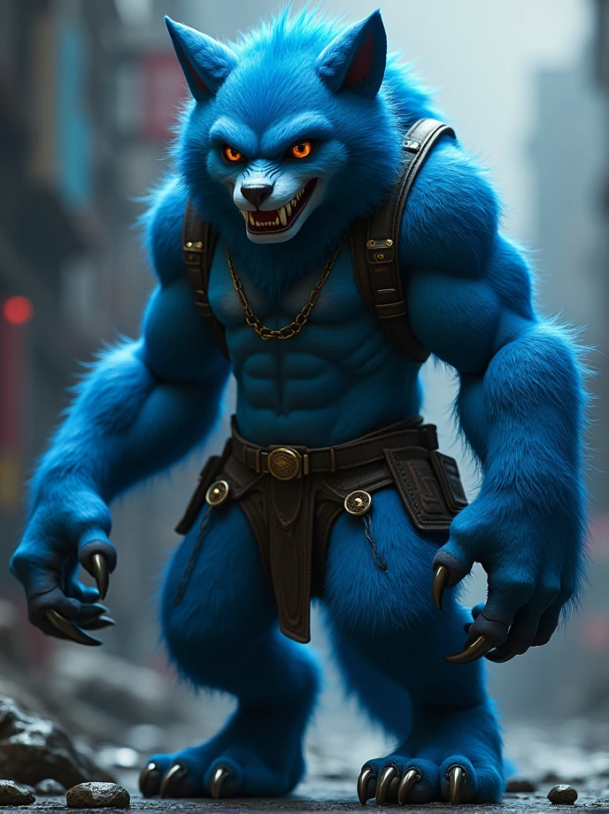 (Female version of Beast:1.4), (powerful and muscular build:1.4), (blue fur covering her entire body:1.4), (large, expressive eyes with a deep, intense gaze:1.3), (prominent animalistic features including sharp claws and fangs:1.4), (dynamic pose showcasing strength and agility:1.4), (highly detailed, realistic fur texture:1.4), (outfit with a blend of practical and rugged elements:1.3), (background featuring a dramatic, urban environment or lab setting:1.3), (deep, rich color palette emphasizing blues and grays:1.4), (dramatic lighting highlighting her features and fur:1.3), (intense and fierce expression reflecting her character:1.4)