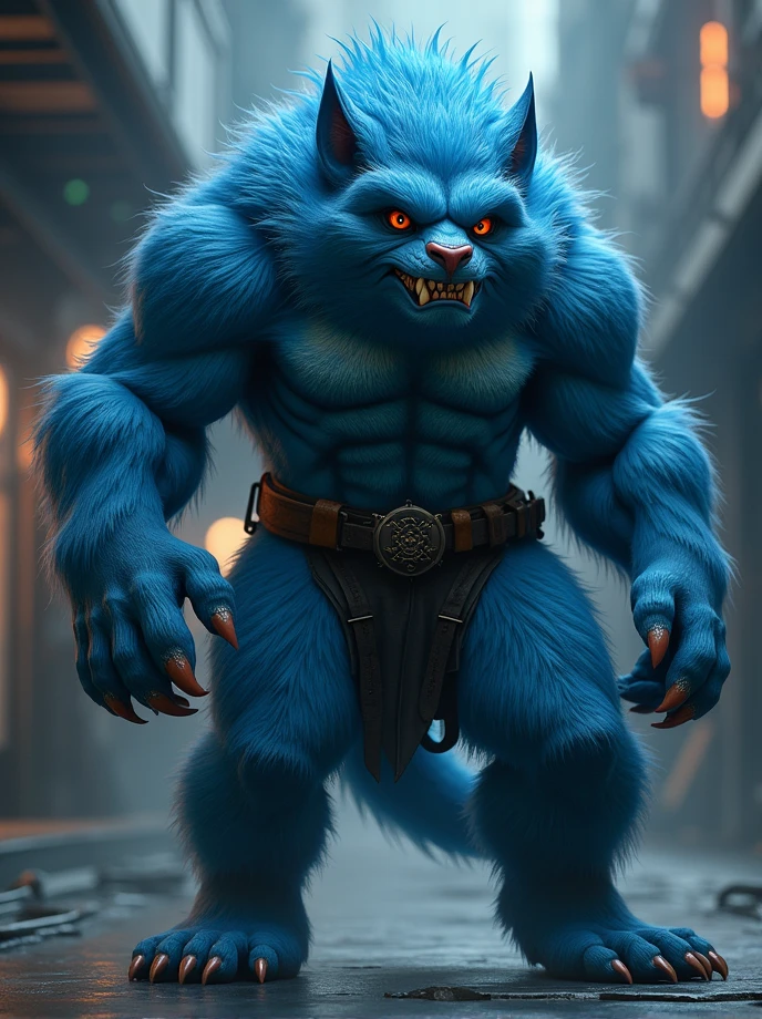 (Female version of Beast:1.4), (powerful and muscular build:1.4), (blue fur covering her entire body:1.4), (large, expressive eyes with a deep, intense gaze:1.3), (prominent animalistic features including sharp claws and fangs:1.4), (dynamic pose showcasing strength and agility:1.4), (highly detailed, realistic fur texture:1.4), (outfit with a blend of practical and rugged elements:1.3), (background featuring a dramatic, urban environment or lab setting:1.3), (deep, rich color palette emphasizing blues and grays:1.4), (dramatic lighting highlighting her features and fur:1.3), (intense and fierce expression reflecting her character:1.4)