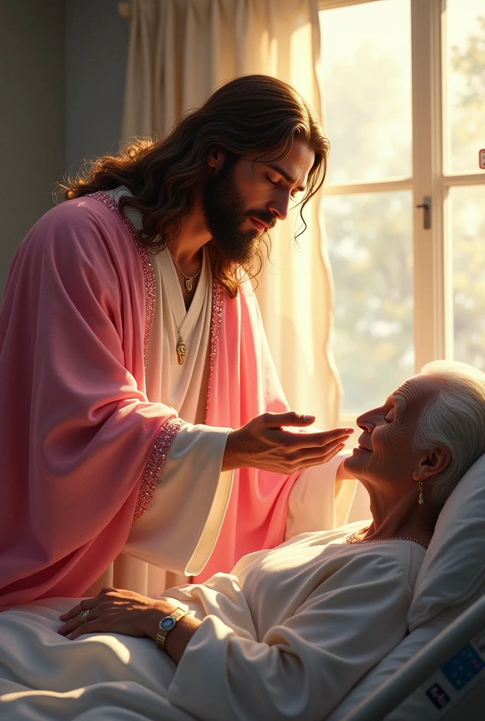 (photorealism:1.2), handsome Jesus Christ holding the hand of an old patient, sitting on bed beside of old patient that laying in bed in the hospital with many apparatus attach, wearing a pink color of king clothes with light in his heart and head sparkling all over, many diamonds, nice hair, indoors, soft lighting, hospital bed  in the background, window with sunlight, cozy room, relaxed pose, realistic, intricate details, warm colors,