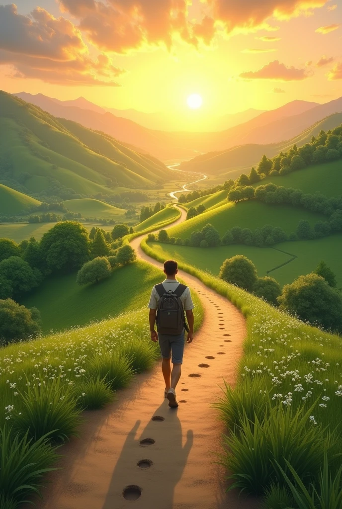 A man walking along a path and looking towards a prosperous horizon