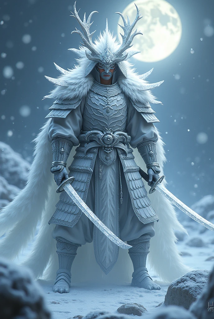 A samurai with white dragon armor and 2 frozen katanas