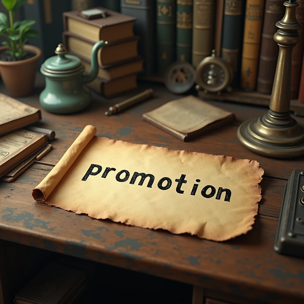 A paper with the writing "PROMOTION" on it, office desk, old, antique, 