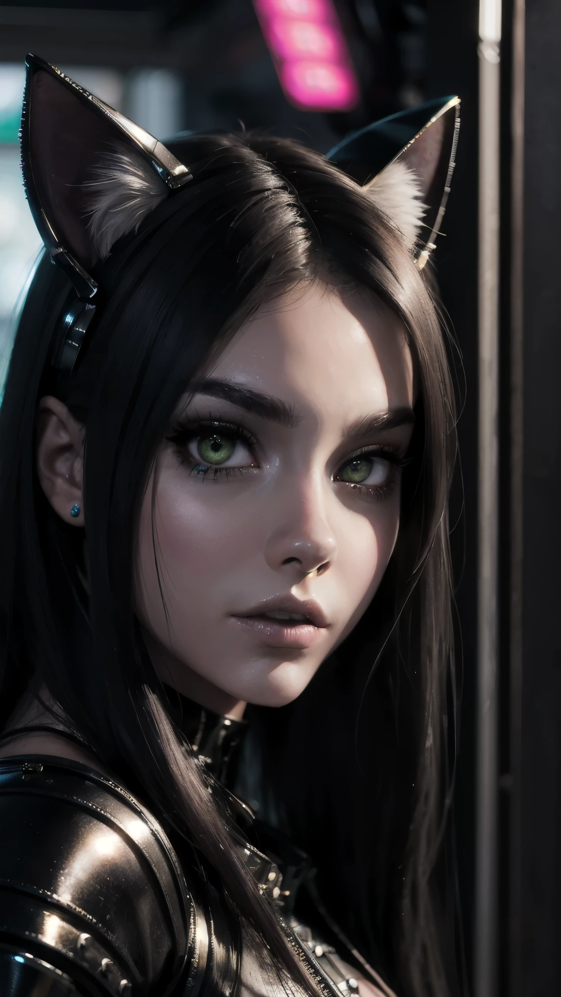 masterpiece, Best Quality, high angle, city at dusk, 1 girl, alone, Pale skin, Profile 3/4, cat ears, cybernetic arms, neon lights on their clothes and cybernetic augmentations, 3D, hyperrealistic, realist, young girl, sexy, beautiful face, cyberpunk kitty ears, cyberpunk style, beautiful, showy, selfie, neon lights, intricate details, smooth skin, hyperrealistic, side glance, foreshortening, 8k extremadamente detallado, seeds, High resolution, ultra quality, very detailed cat eyes, very detailed mouth, Very detailed face, Perfect eyes, the eyes are like a cat's, true light, Glare, iridescent, global illumination, real hair movement, neon city light, real shadow, The real way, High Definition, 2k, 4k, 8k, 16k, luz realist, bright Eyes, purple eyes, fluorescent eyes, neon light