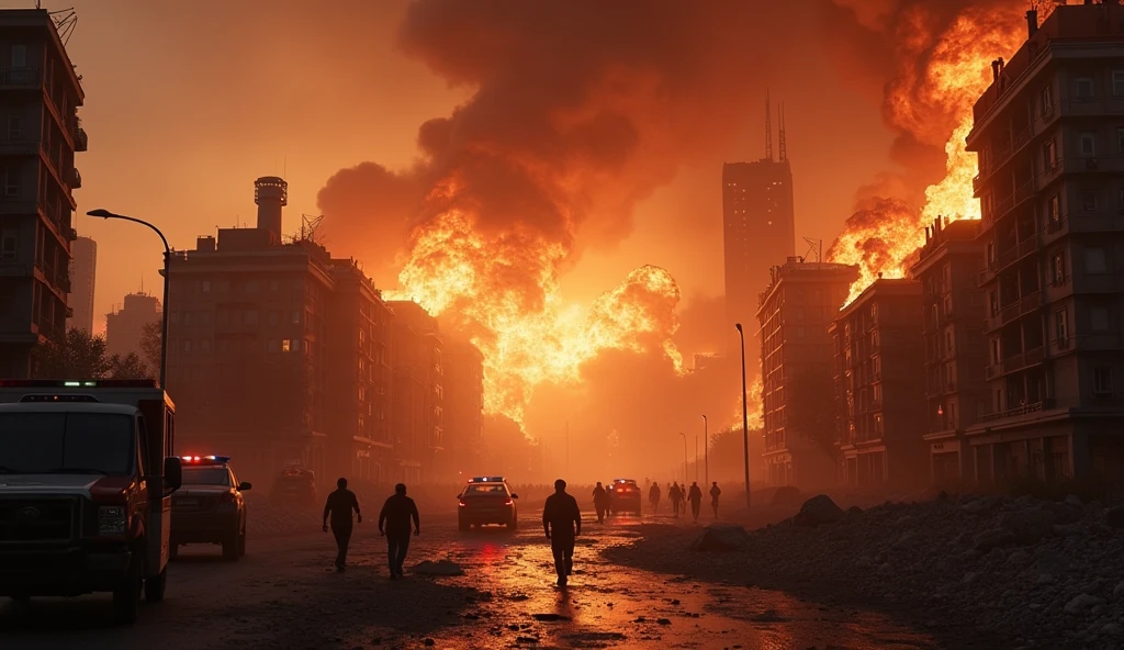 City in chaos with smoke and buildings on fire