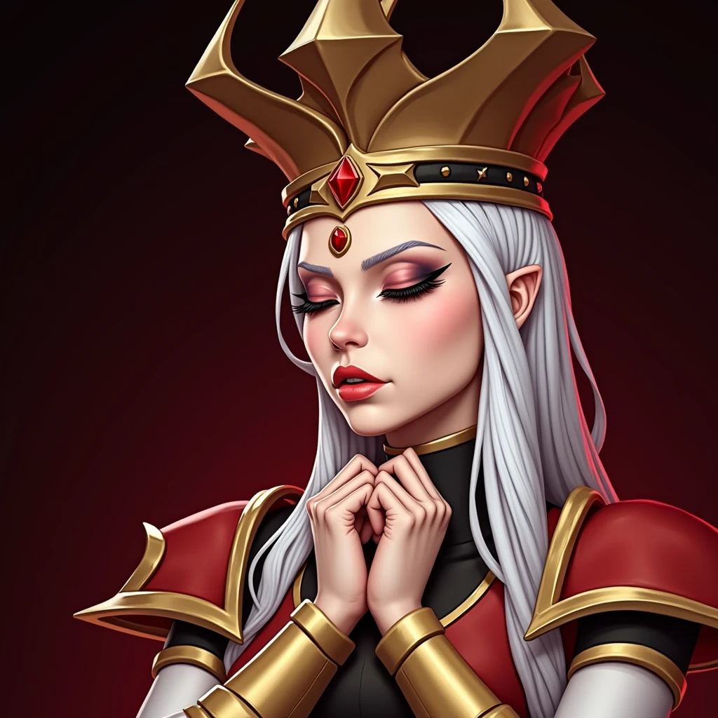 (masterpiece, high quality:1.8), extremely detailed, ambient,
SallyWhitemane, 1 women, mature female, FeelsGood, closed eyes,
determined,
white hair, long hair, closed eyes, jewelry, (eyeshadow:1.7),
hat, shoulder armor, (two-tone leotard:1.8), gold trim,
red background,