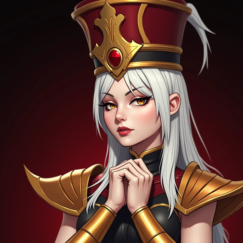 (masterpiece, high quality:1.8), extremely detailed, ambient,
SallyWhitemane, 1 women, mature female, FeelsGood, closed eyes,
determined,
white hair, long hair, closed eyes, jewelry, (eyeshadow:1.7),
hat, shoulder armor, (two-tone leotard:1.8), gold trim,
red background,
