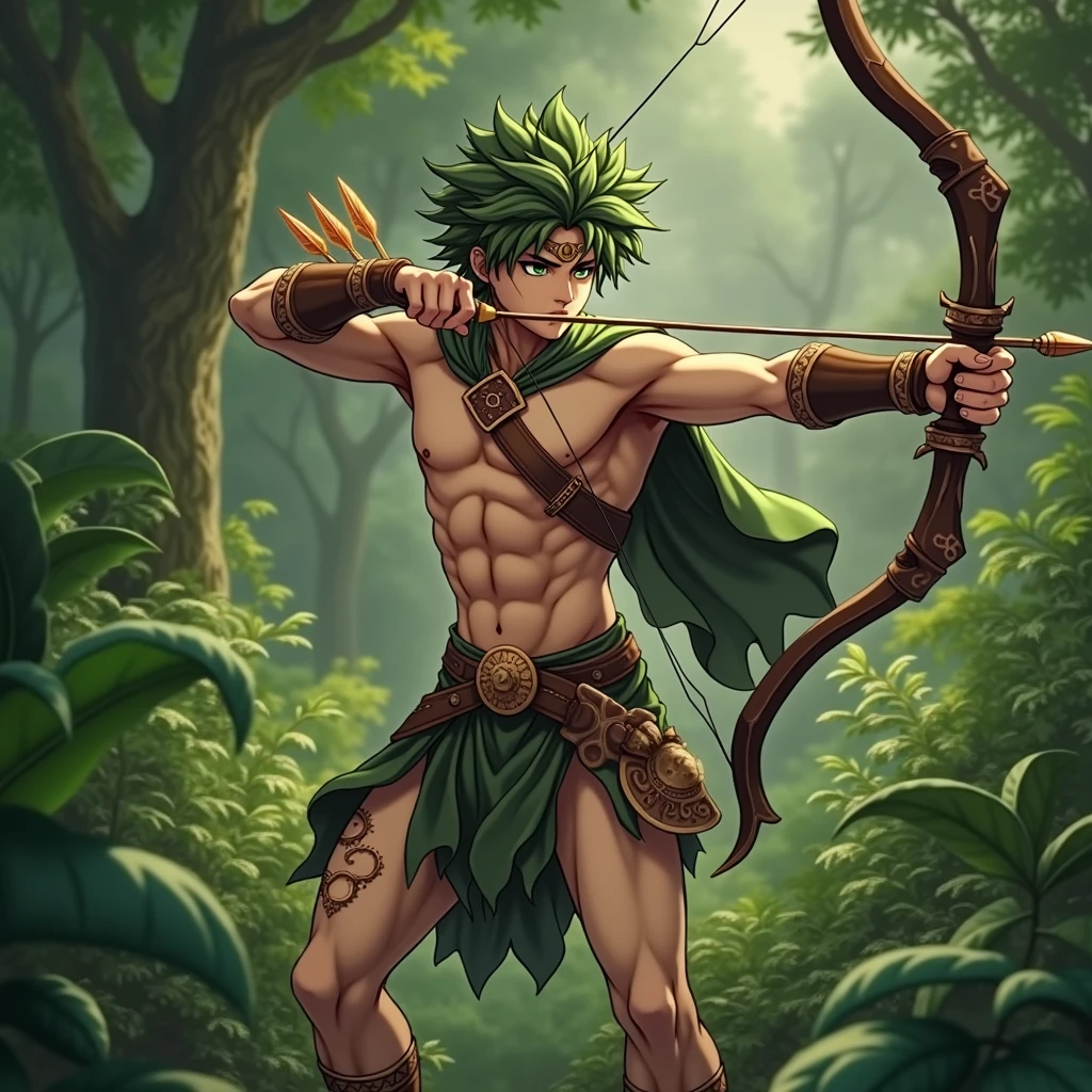 Izuku Midoriya, Shirtless, Green Hair, Archer, Hunting, Green Eyes, Greek Warrior, Shirtless, Greek Mythology, Son of Artemis, Forest, Hunter.