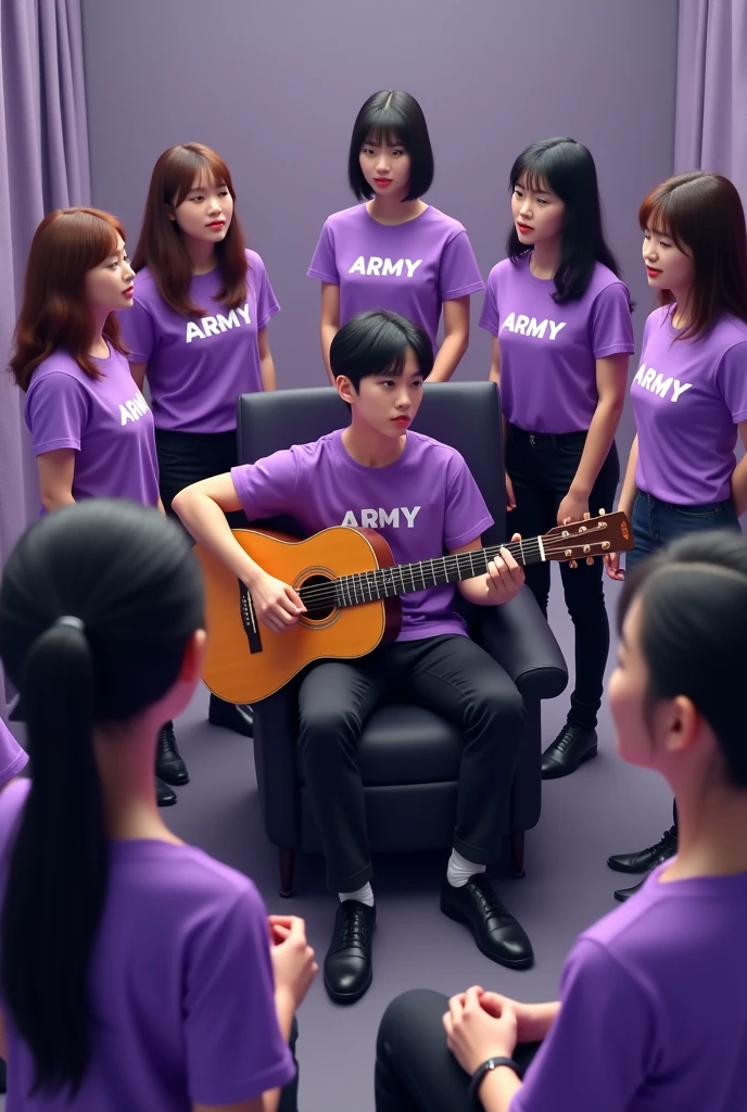create in full 3D detail several women of different nationalities forming a circle around and in the middle is sitting on a large chair and playing the guitar a South Korean man Suga from bts with his shirt that says Yoongi and the women surrounding him dressed in purple shirts and says army in front.