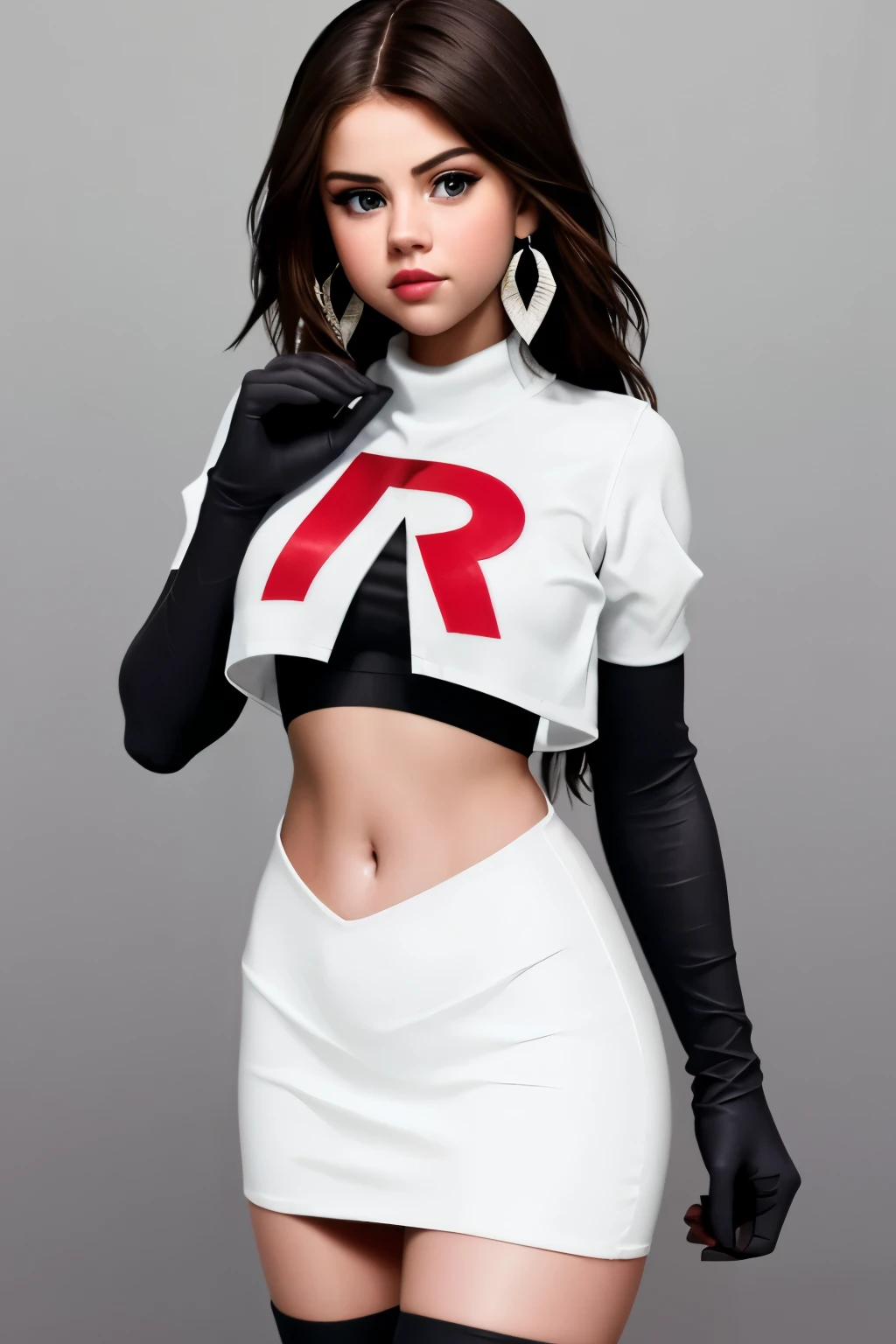 The face of Selena gomez, 1girl, solo, team rocket,team rocket uniform,white skirt,red letter R,crop top,black thigh-highs,black elbow gloves, earrings, large breasts, 