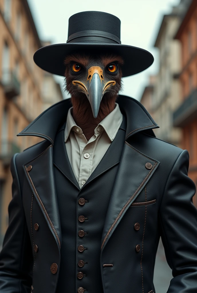 Create me an image of an Andean condor, with a humanoid form, that has a hat and a hood, in a foreigner's suit