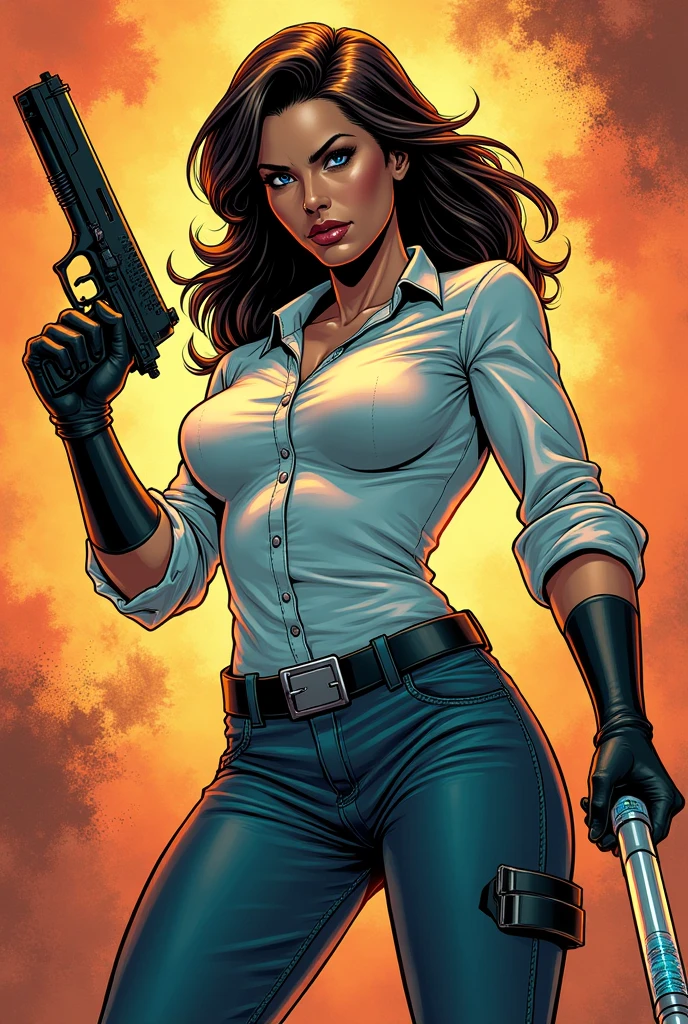 Woman holding gun in one hand and a syringe in the other comic book