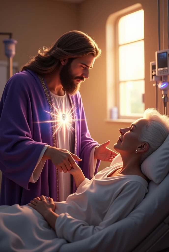 (photorealism:1.2), handsome Jesus Christ holding the hand of an old patient, sitting on bed beside of old patient that laying in bed in the hospital with many apparatus attach, wearing a purple color of king clothes with light in his heart and head sparkling all over, many diamonds, nice hair, indoors, soft lighting, hospital bed in the background, window with sunlight, cozy room, relaxed pose, realistic, intricate details, warm colors,