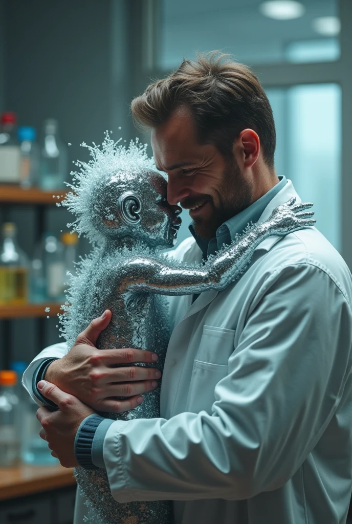A chemical scientist father who hugs his silver-colored child who is crystallized metallic like the barium on the periodic table of chemicals
