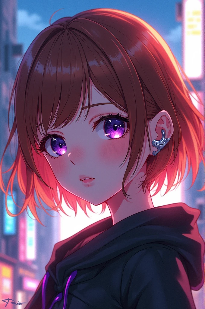 A girl with very short, slightly orange, brown hair, violet eyes, with a hearing aid, with a touch of Tokyo Revengers anime