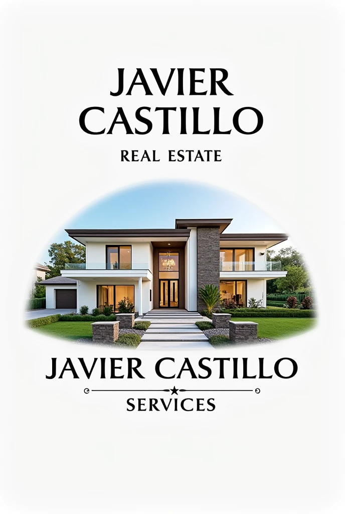 Real estate logo design with the name Javier Castillo, put a new and luxurious house and name, include real estate services, rentals and sales, add realism, include the word real estate