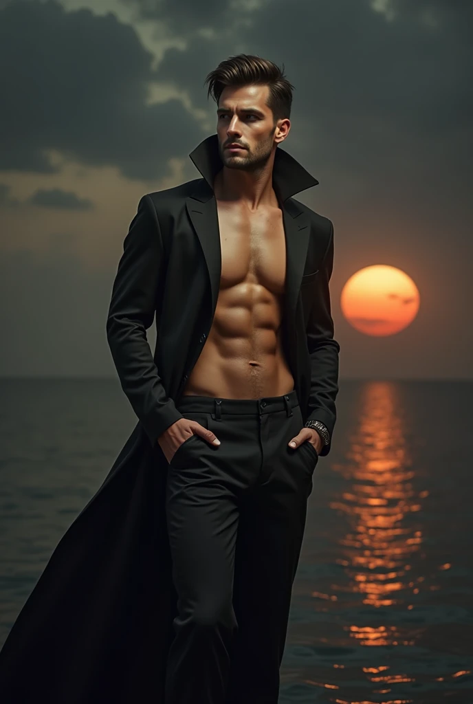 A handsome man with a perfect slim face wearing a long black Dracula suit without a shirt, a cloudy sunset sky, a sun hiding behind a water trail that matches the dancing sun