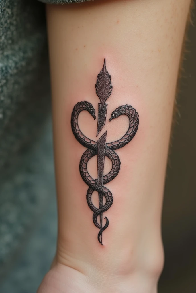 Tattoo with the Physiotherapy Symbol which is two intertwined snakes with the lightning in the middle but delicate