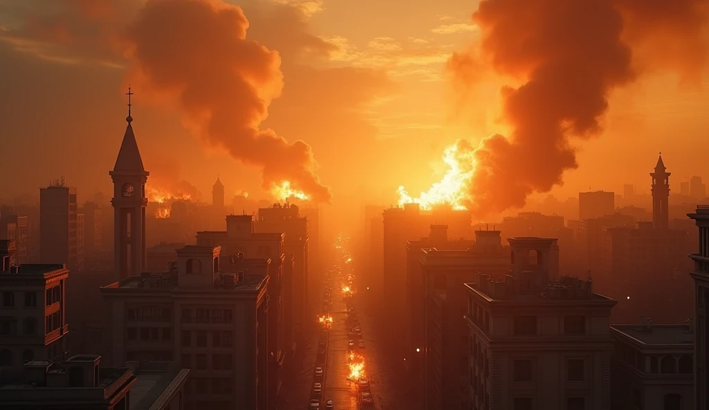 city of baghdad in chaos, buildings on fire in daylight, bombs exploding, cinematic lighting, dramatic scene, photorealistic, ultra-detailed, (best quality,4k,8k,highres,masterpiece:1.2),ultra-detailed,(realistic,photorealistic,photo-realistic:1.37), HDR, UHD, studio lighting, extreme detail description, vivid colors, dystopian, war-torn, gritty, dark and moody atmosphere