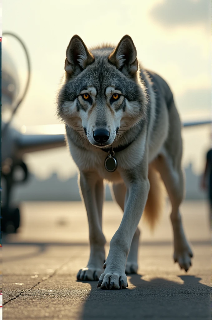 A wolf dog getting off a plane from France