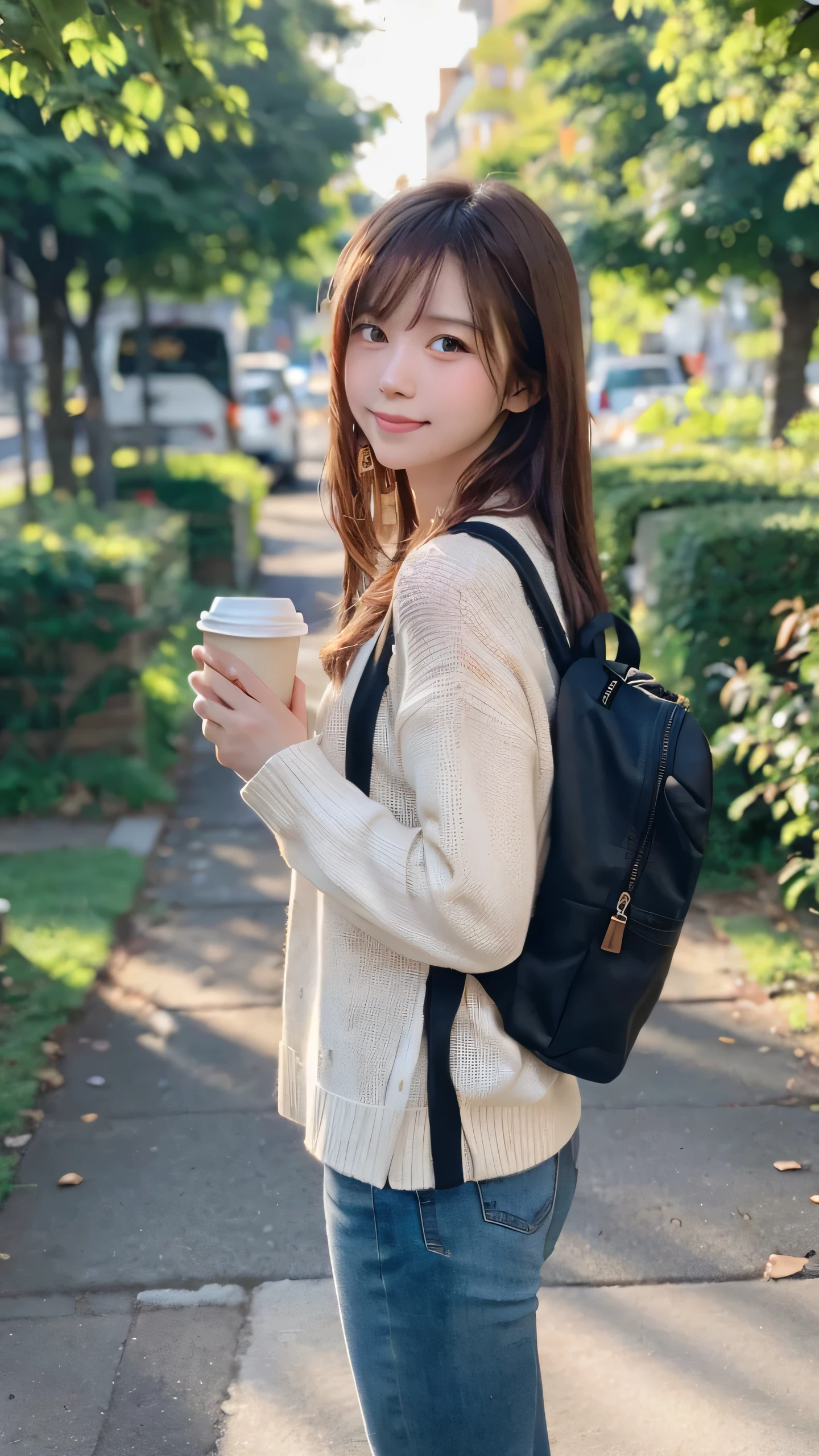 masterpiece, highest quality, High resolution, Morning walk to university, quiet street, green trees lining the road, soft sunlight filtering through leaves, peaceful atmosphere, Young woman, early 20s, walking with a backpack, casual outfit, light sweater, jeans, comfortable sneakers, long hair flowing, holding a coffee cup, relaxed expression, slight smile, looking ahead, Wide shot, focus on her walking on the tree-lined street, sunlight creating a soft glow, capturing the calm and serene morning vibe
