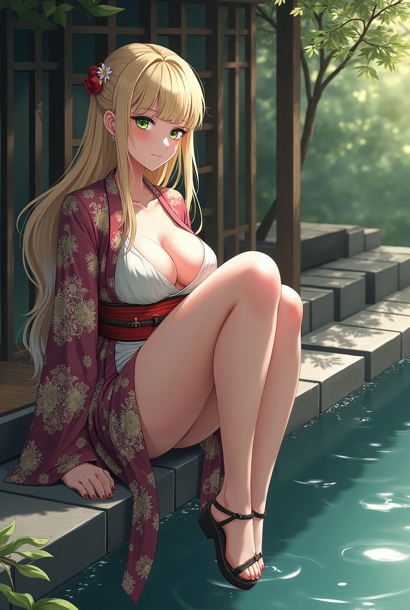 1 girl(masterpiece,top quality,best quality,official art,Beauty and aesthetics:1.2),blonde hair,green eyes,long hair,big sister,tall figure,enchanted,enchanting,Flushed complexion, playful expression while Blushing, super gigantic breasts,Breasts larger than the head, kimono, clogs,Off the shoulders, cleavage,Sitting on the stone steps by the water of a hot spring, thigh exposed.