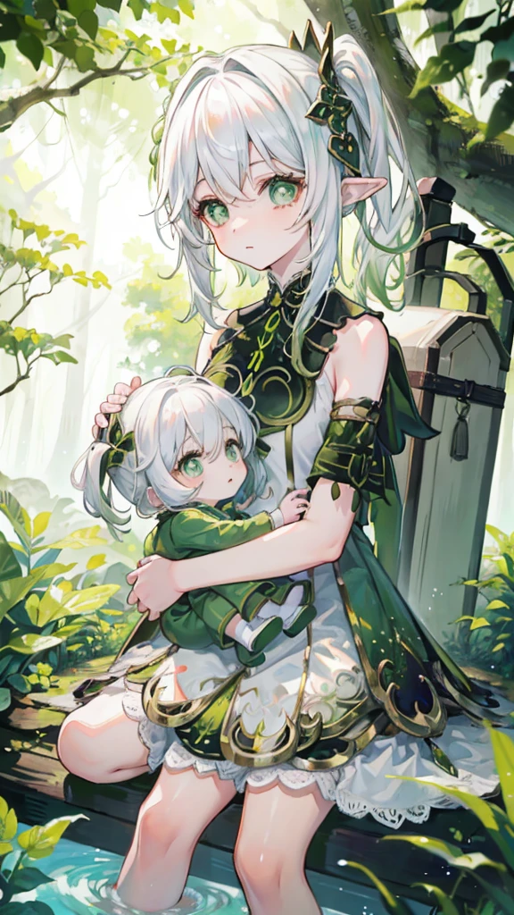 Two girls,forest backgrou,Best quality, Expressive eyes, Perfect face,Mother and child,Mother and child traveling in the forest,rainforests,Genshin,by WLOP,High quality,(Less noise),A softer picture,Short hair,White hair,Green hair,Nahida