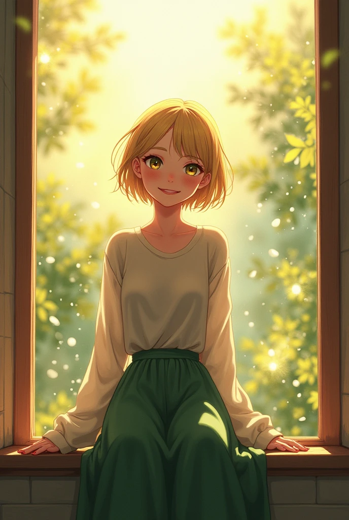 in harmony Emily sat by her window, watching the **soft rain** fall in delicate patterns against the glass.mixed with warm sun , white women with blonde short hair and No deformities in the face, hands and body and smile in her face And eyes shining with joy She looks like a normal human being.Without distortions Wearing a long sleeved shirt and a long green skirt